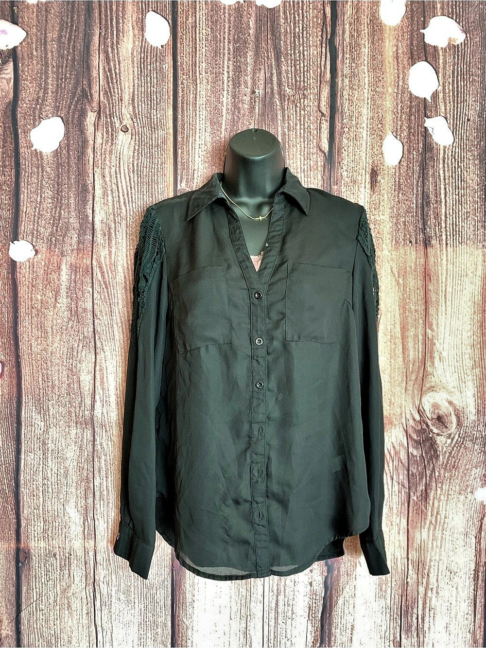 Audrey Ann Black Crochet Sleeve Button Down Blouse